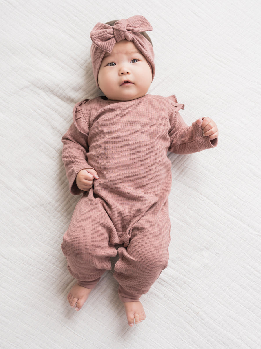 Mila Waffle Knit Flutter Sleeve Romper Baby : Rompers : Long Sleeves Colored Organics Organic Cotton Baby Mila Waffle Knit Long Sleeve Romper