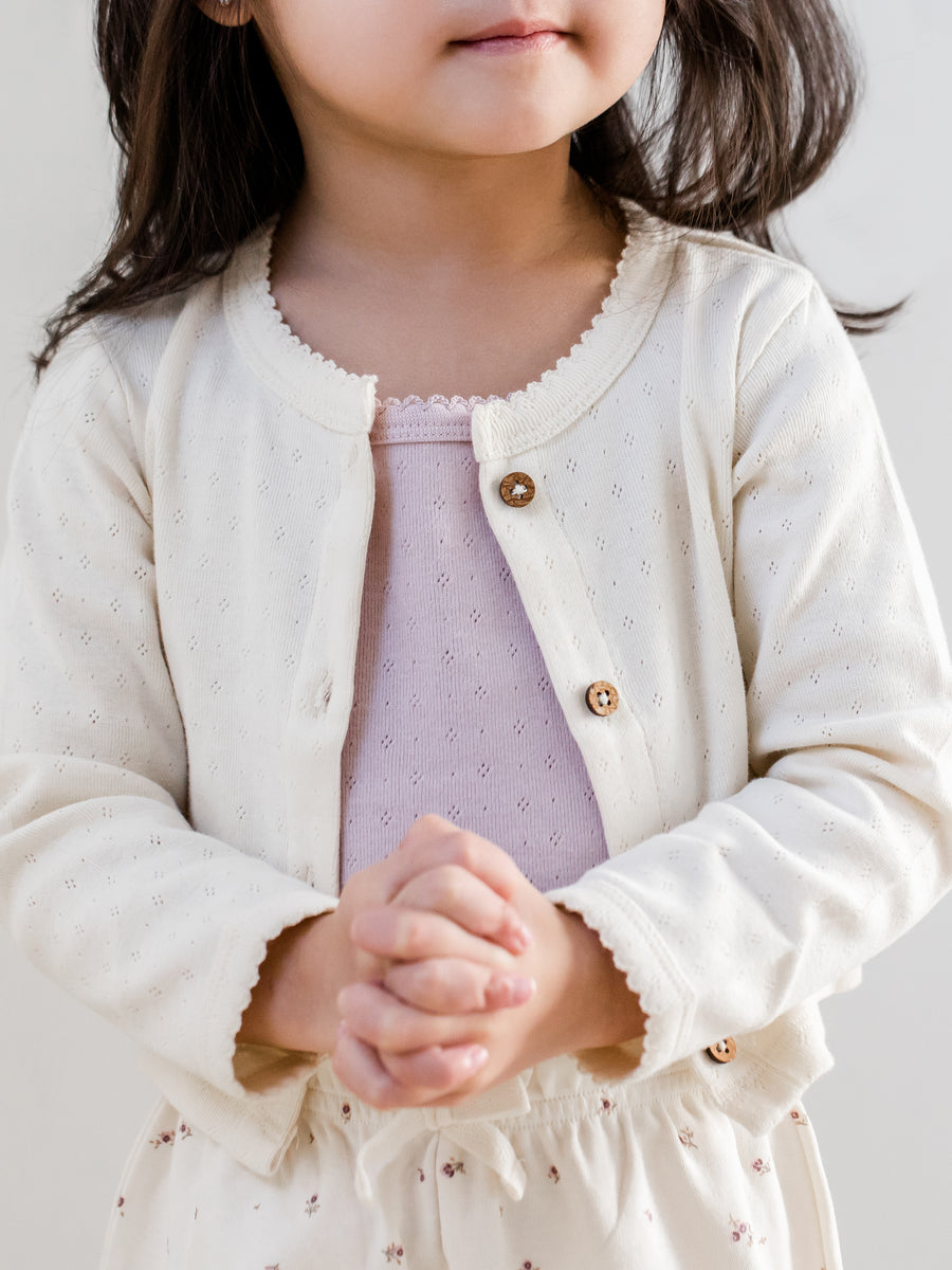 Clara Pointelle Button Down Cardigan Baby-Kids : Tops : Long Sleeves Colored Organics Organic Baby and Kids Clara Pointelle Button Down Cardigan