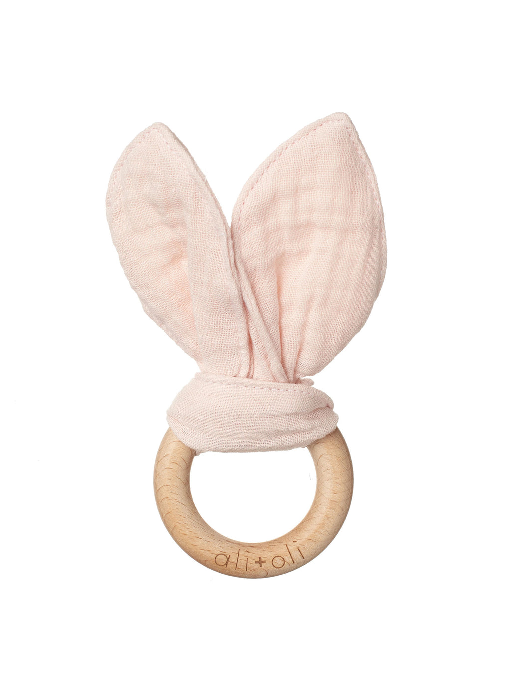 Crinkle Bunny Ears Wooden Teether Pink1