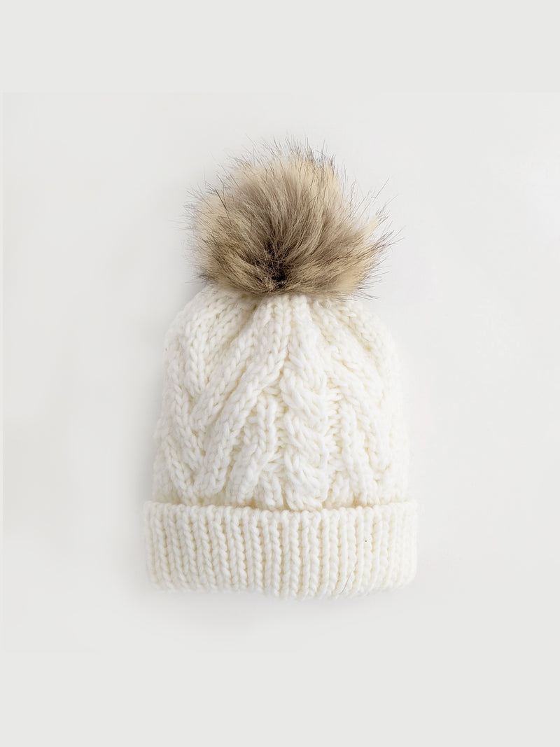 Winter White Pom Pom Beanie Hat